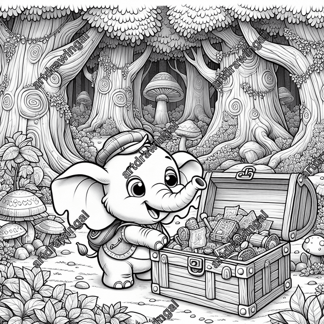 Cheerful cartoon elephant with large eyes exploring a treasure chest full of maps, gems, and artifacts in a whimsical forest with crooked trees, glowing flowers, and lush ferns, perfect for coloring.