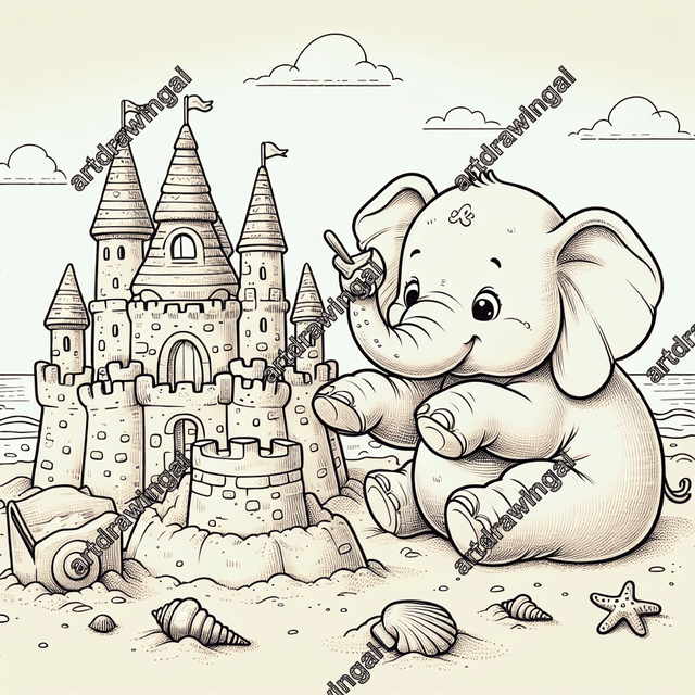 Cute cartoon elephant building a detailed sandcastle at the beach, surrounded by seashells and starfish, whimsical line drawing style.