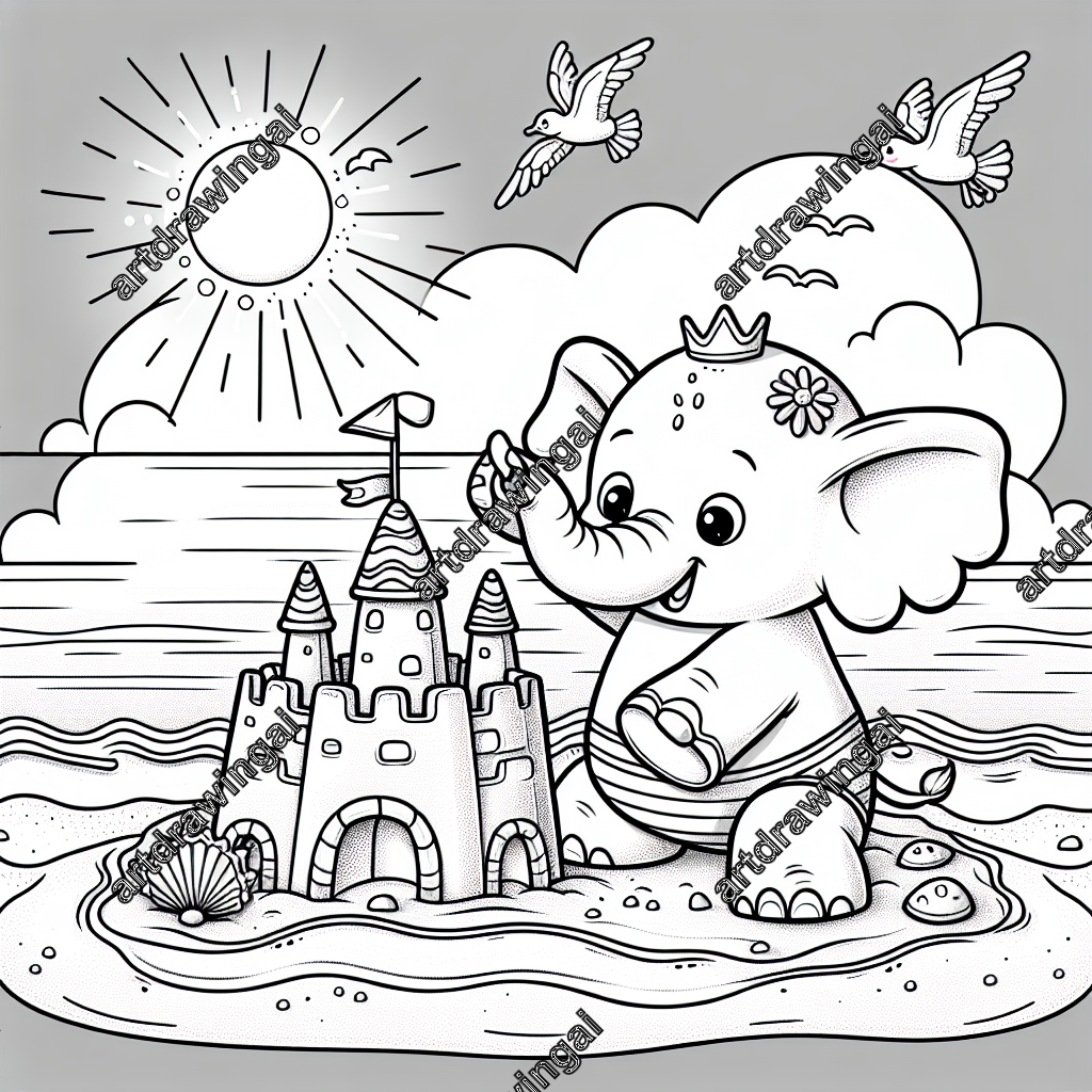 Cute cartoon elephant building a whimsical sandcastle on a sunny beach, with sparkling sea, flying seagulls, and a radiant sun casting playful shadows, perfect for coloring.