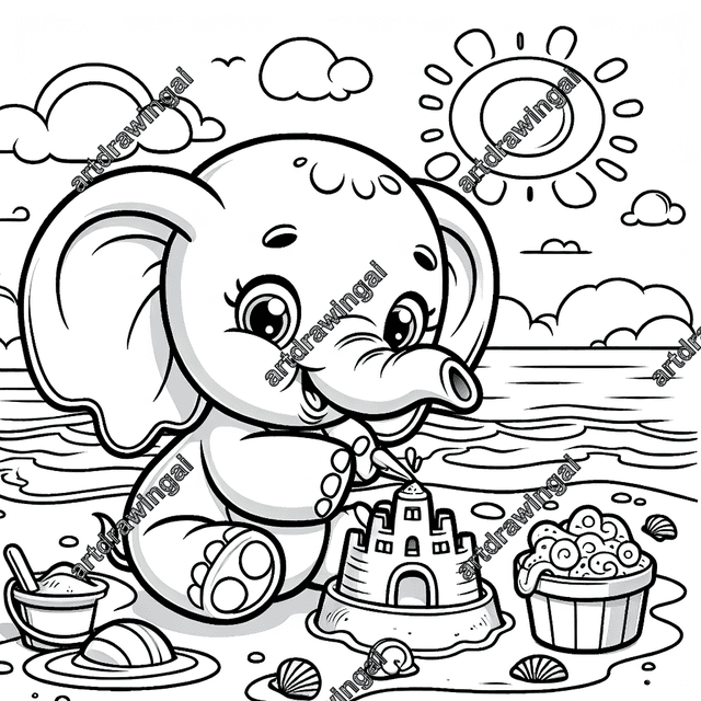 Cartoon-style line drawing of a cheerful elephant building a sandcastle at the beach, surrounded by a sunny sky, gentle waves, seashells, and a detailed sandcastle, perfect for coloring.