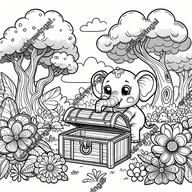 Cute cartoon elephant exploring a treasure chest in a whimsical forest, surrounded by uniquely shaped trees and exaggerated flowers, featuring fantastical creatures hiding in the foliage. Clear line drawing suitable for coloring, showcasing the elephant's large expressive eyes, oversized ears, and long curved trunk.