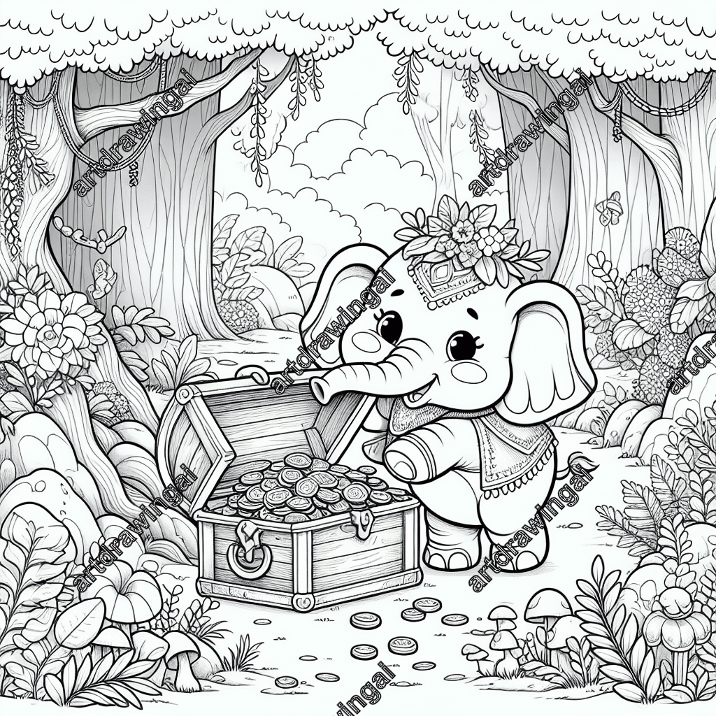 Cute cartoon elephant exploring a treasure chest in a whimsical forest, surrounded by trees, flowers, and mushrooms. Ideal for coloring with intricate details and classic animation style.