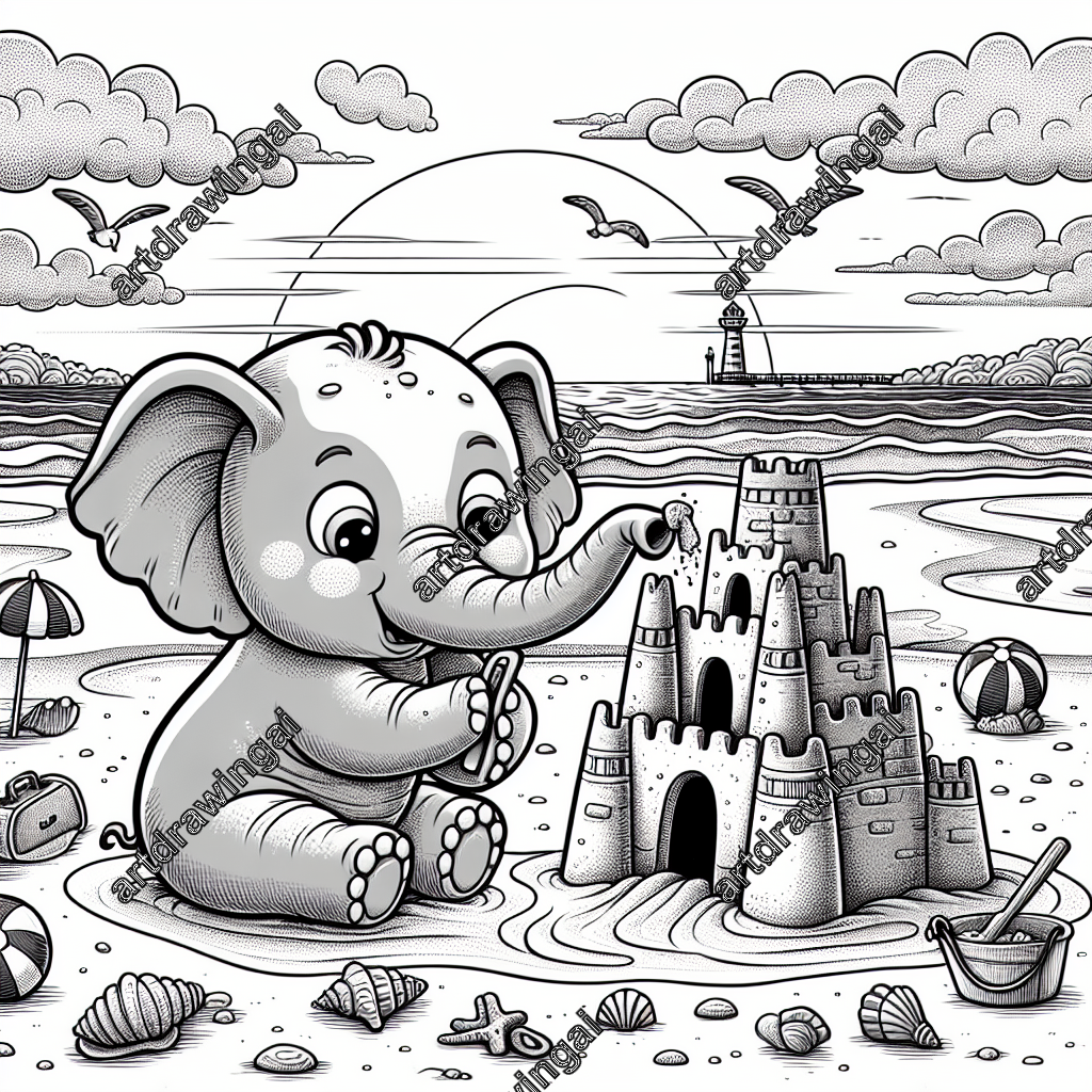 Playful cartoon elephant building a sandcastle at the beach, surrounded by waves, sand, lighthouse, beach umbrellas, seashells, and cheerful people. Perfect for coloring fun.