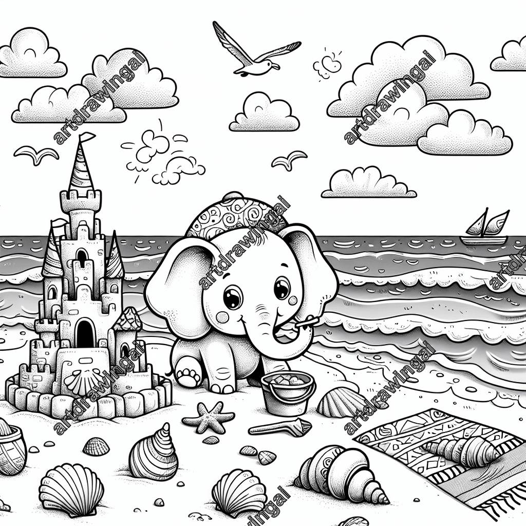 playful beach scene coloring page featuring a cute cartoon elephant building a sandcastle, surrounded by seashells, gentle ocean waves, fluffy clouds, a colorful beach towel, a bucket, and a curious seagull, emphasizing whimsy and detail for creative coloring.