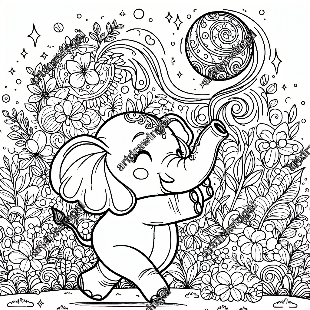 Cartoon-style line drawing of an adorable elephant playing with a ball in a magical garden, featuring intricate flowers and plants, perfect for children's coloring books.