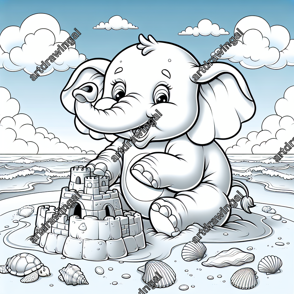 Joyful cartoon elephant building a sandcastle at the beach, with clear sky, gentle waves, and seashells, perfect for coloring activities.