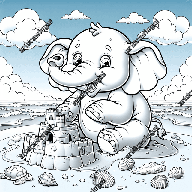 Joyful cartoon elephant building a sandcastle at the beach, with clear sky, gentle waves, and seashells, perfect for coloring activities.