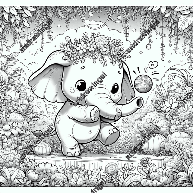 Cute cartoon elephant playing with a ball in a magical garden, surrounded by whimsical flowers and plants. Monochrome line drawing ideal for coloring, showcasing an energetic and heartwarming scene.