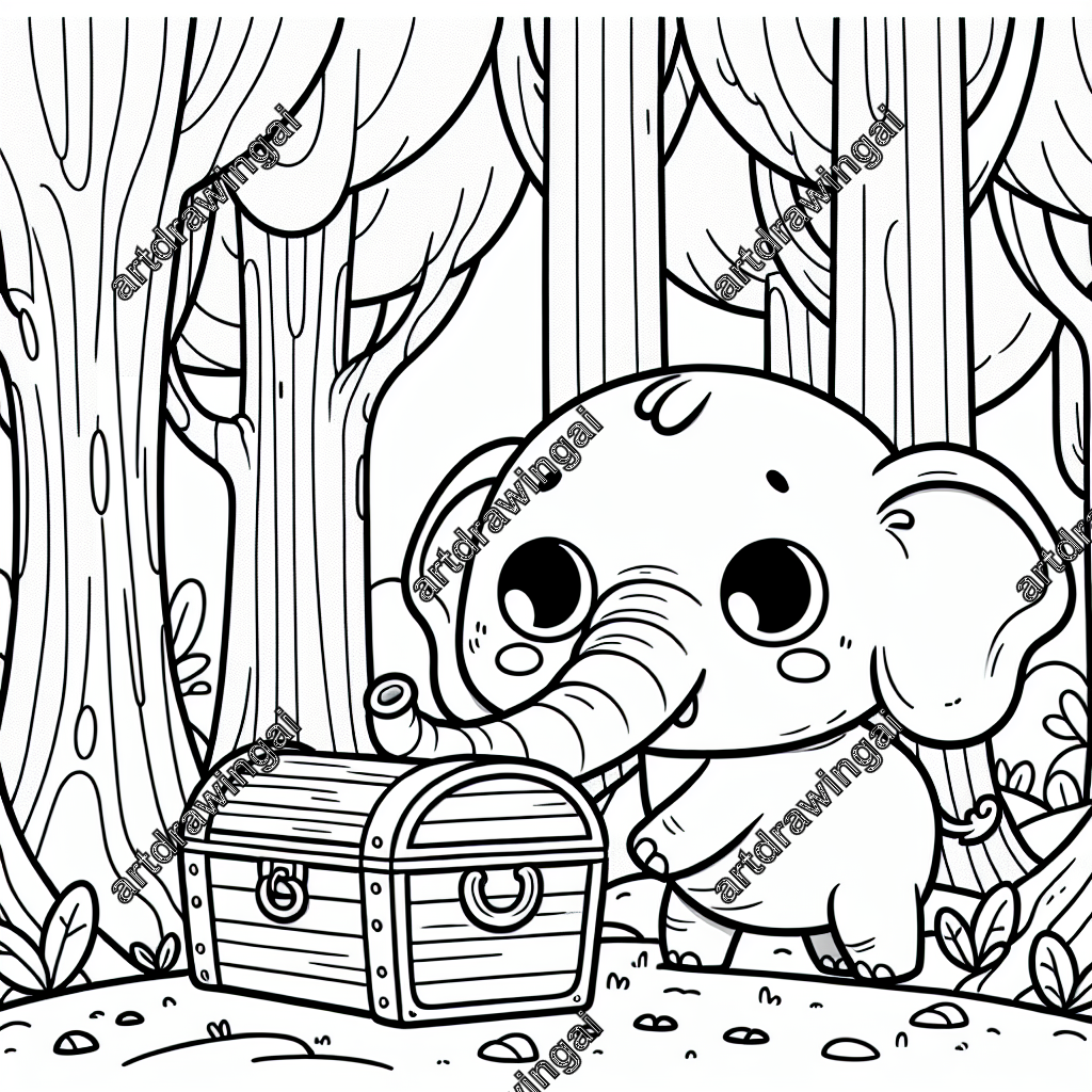 Cute cartoon elephant with big eyes exploring a treasure chest in a whimsical forest, surrounded by tall trees and fallen leaves, detailed line drawing for coloring.