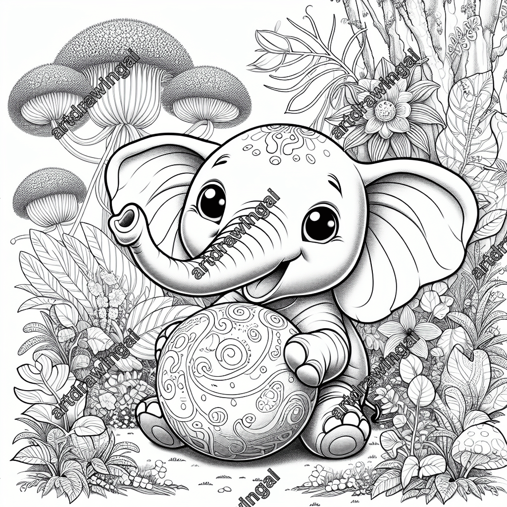 Cartoon-style line drawing of a playful elephant with large ears and a long trunk tossing a colorful ball in a whimsical garden full of oversized plants, twisting vines, bioluminescent flowers, and intricately patterned trees, ideal for coloring activities.