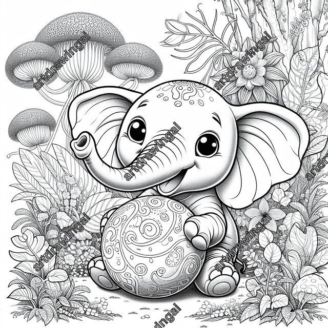 Cartoon-style line drawing of a playful elephant with large ears and a long trunk tossing a colorful ball in a whimsical garden full of oversized plants, twisting vines, bioluminescent flowers, and intricately patterned trees, ideal for coloring activities.