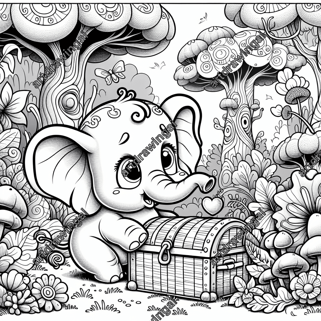 Cartoon-style elephant with large ears and curious expression inspecting treasure chest in whimsical forest filled with unusual trees, exaggerated flowering plants, and whimsical mushrooms, accented by a winding path and fluttering butterflies, designed for a fun coloring experience.