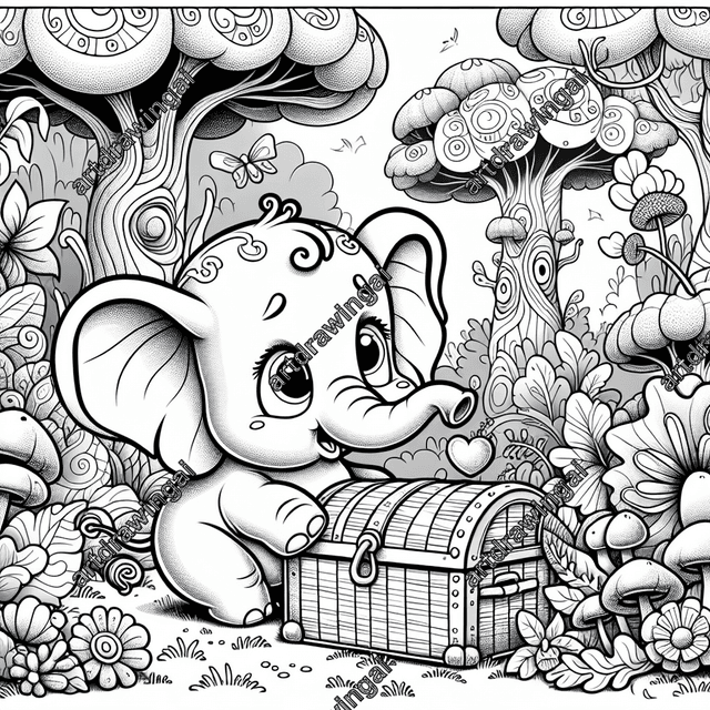 Cartoon-style elephant with large ears and curious expression inspecting treasure chest in whimsical forest filled with unusual trees, exaggerated flowering plants, and whimsical mushrooms, accented by a winding path and fluttering butterflies, designed for a fun coloring experience.