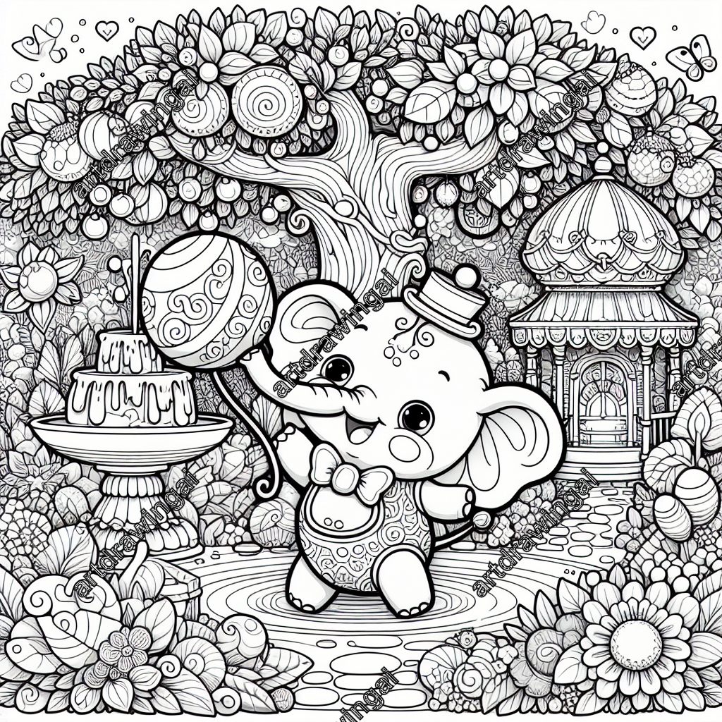 Whimsical line drawing of a cute cartoon elephant playing with a round toy in a vibrant garden, featuring a decorative water fountain and a fairy-tale-style treehouse, designed for coloring activities.