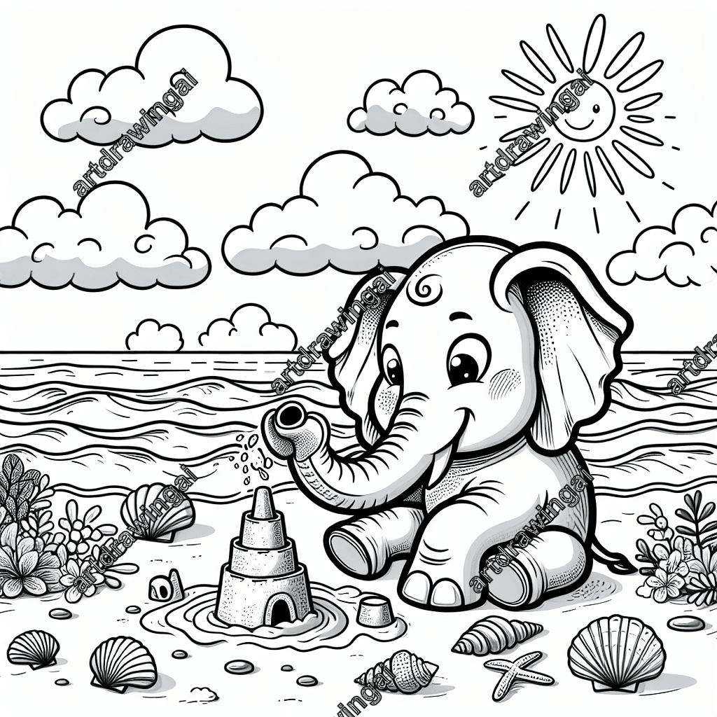 Playful cartoon illustration of a cheerful elephant building a detailed sandcastle at the beach, surrounded by waves, seashells, and a bright sun, designed for coloring with clean, crisp line work.