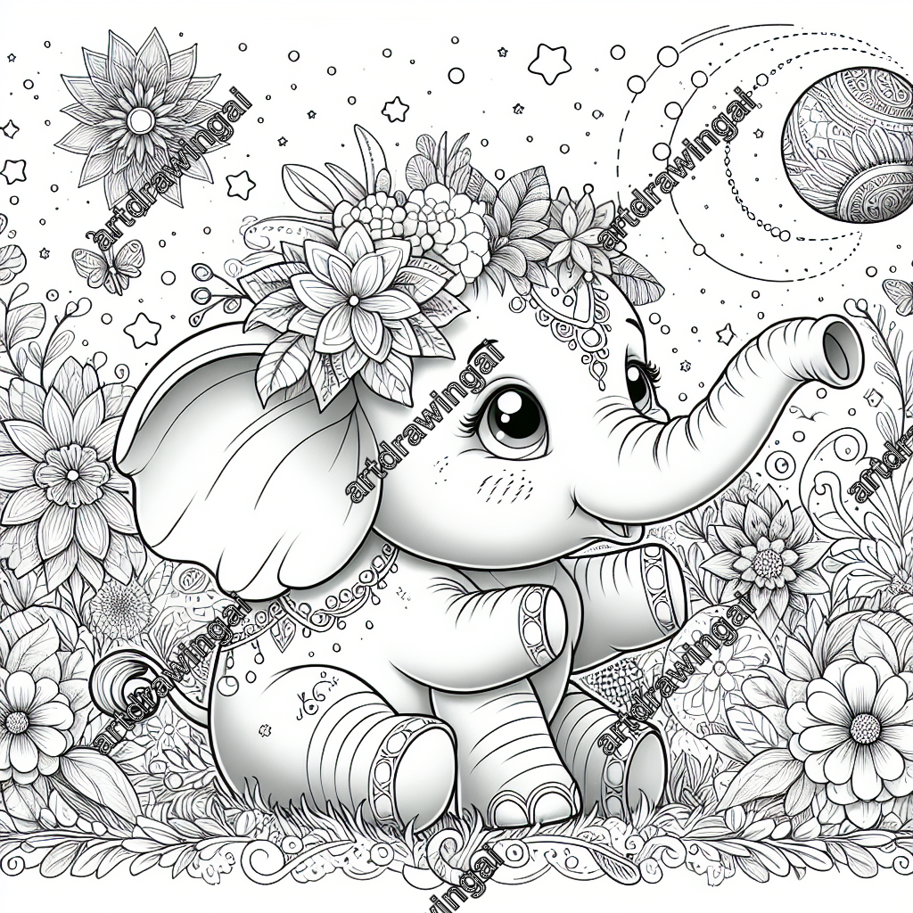 Charming cartoon-style elephant playing with a ball in a magical garden filled with celestial flowers and mystical plants, intricately detailed line drawing ideal for coloring.