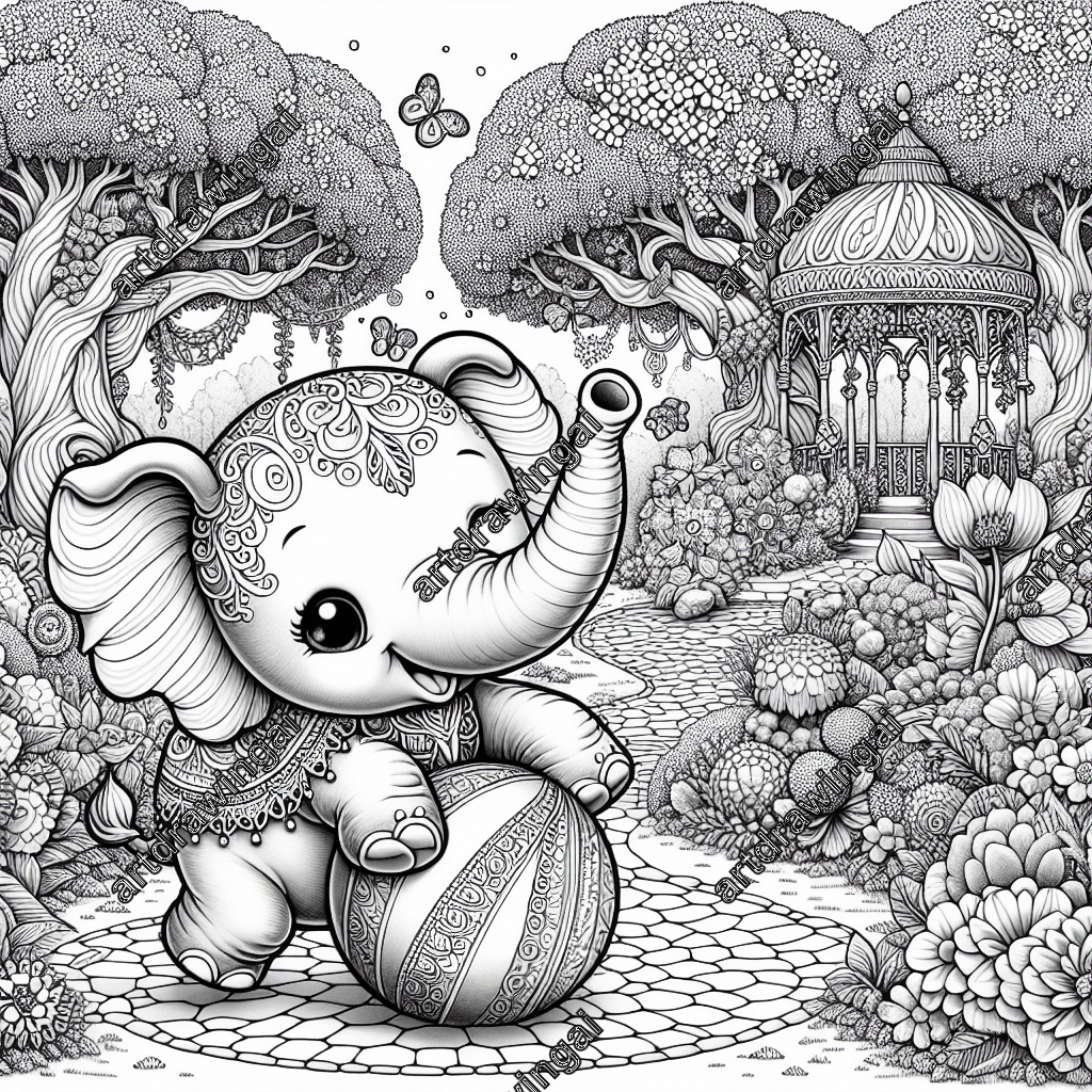 Charming cartoon elephant playing with a colorful ball in a whimsical, magical garden filled with radiant flowers, towering trees, and fairy-tale gazebos, perfect for coloring enthusiasts with intricate details.