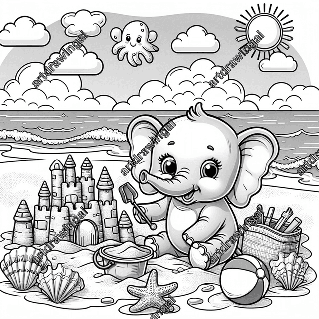 Cartoon elephant joyfully building a sandcastle at a sunny beach, surrounded by seashells, a starfish, and a beach ball, with fluffy clouds and a gentle sea in the background. Detailed linear drawing suitable for kids' coloring. Fun and engaging beach scene.