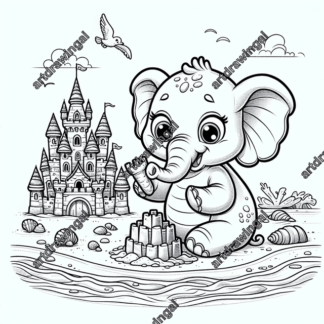 Adorable cartoon elephant joyfully building a detailed sandcastle on a serene beach, surrounded by gentle waves, seashells, and a seagull in a monochrome line-drawing style perfect for coloring.