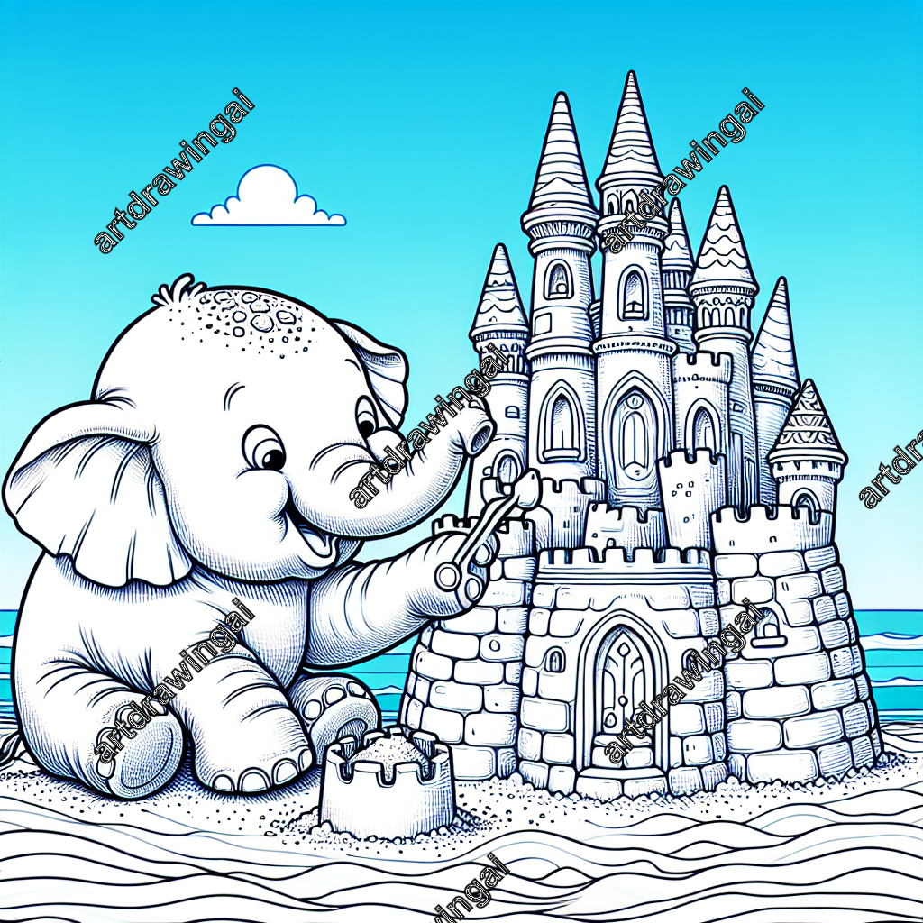 Playful cartoon-style elephant building a detailed sandcastle on a sunny beach, enthusiastically using its trunk, with a clear blue sky in the background.