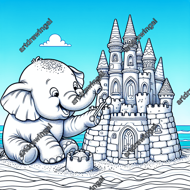 Playful cartoon-style elephant building a detailed sandcastle on a sunny beach, enthusiastically using its trunk, with a clear blue sky in the background.