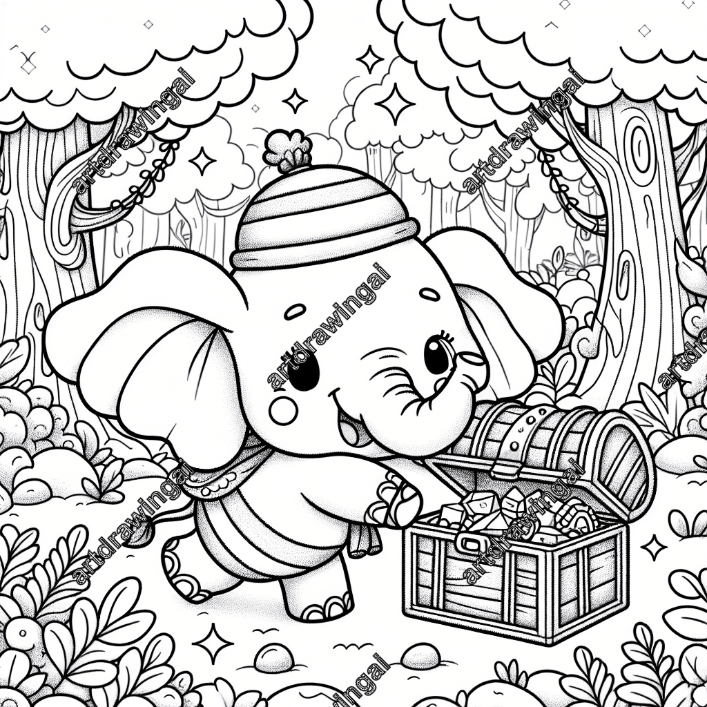 Cartoon-style line drawing of an adorable elephant in a whimsical forest, discovering a treasure chest filled with mysterious objects, featuring detailed textures for a fun coloring experience.