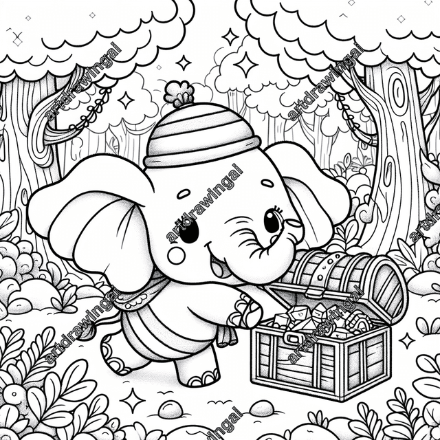 Cartoon-style line drawing of an adorable elephant in a whimsical forest, discovering a treasure chest filled with mysterious objects, featuring detailed textures for a fun coloring experience.