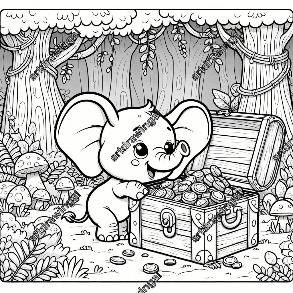 Cute cartoon elephant with large ears and long trunk exploring a treasure chest filled with gems and gold coins in a whimsical forest with unique trees, vines, and colorful mushrooms. Simplified line art perfect for coloring.