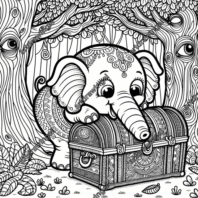 Delightful cartoon-style elephant with large eyes inspecting an intricately designed treasure chest under whimsical forest trees with eye-shaped knots and unique leaf patterns, perfect for a coloring activity.