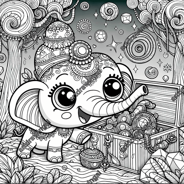 Cartoon elephant with large eyes exploring a treasure chest filled with gems in a whimsical forest with spiral trees and vibrant leaves, perfect for coloring.