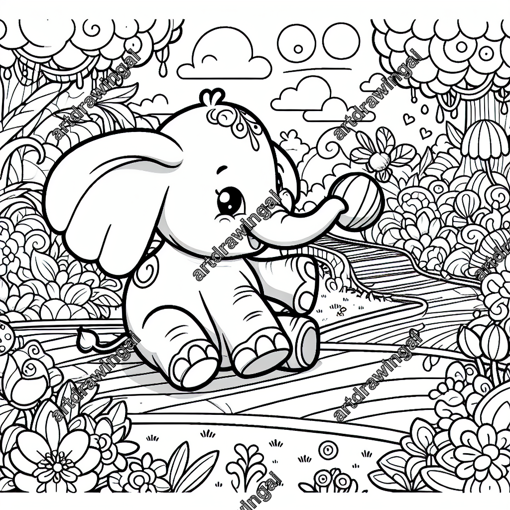 Cute cartoon elephant playing with a ball in a whimsical garden filled with exotic plants and magical flowers, designed for coloring with thick outlines and ample spaces.