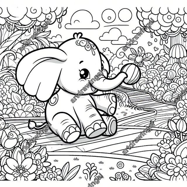 Cute cartoon elephant playing with a ball in a whimsical garden filled with exotic plants and magical flowers, designed for coloring with thick outlines and ample spaces.