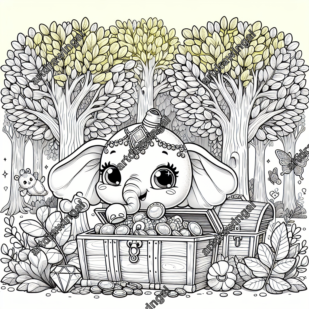 Cute cartoon elephant character with expressive eyes and playful smirk exploring a vintage treasure chest filled with gems and coins in a whimsical forest with tall trees, intricate leaf patterns, and enchanting woodland creatures like butterflies, bunnies, and squirrels. Detailed line drawing perfect for coloring.