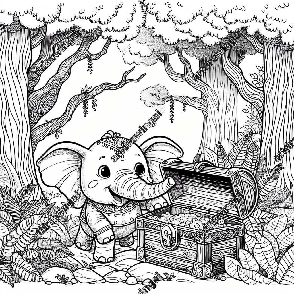 Whimsical cartoon line drawing of an endearing elephant curiously exploring a treasure chest in an enchanting forest, featuring intricate designs of the chest, detailed tree branches, and the elephant's textured skin, perfect for coloring.