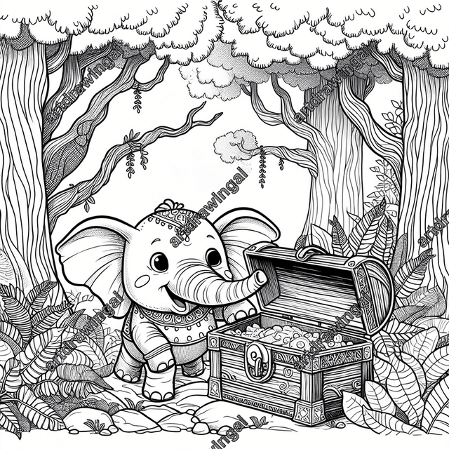 Whimsical cartoon line drawing of an endearing elephant curiously exploring a treasure chest in an enchanting forest, featuring intricate designs of the chest, detailed tree branches, and the elephant's textured skin, perfect for coloring.