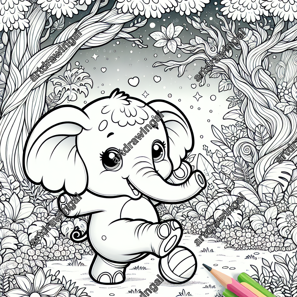 Cute cartoon elephant playing with a ball in a magical garden, surrounded by enchanted flora and trees, designed for coloring with clear outlines.