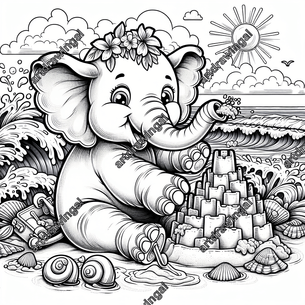 Cartoon-style elephant with oversized ears building a sandcastle by the ocean, surrounded by seashells and waves under a bright sun. Detailed line drawing perfect for coloring.