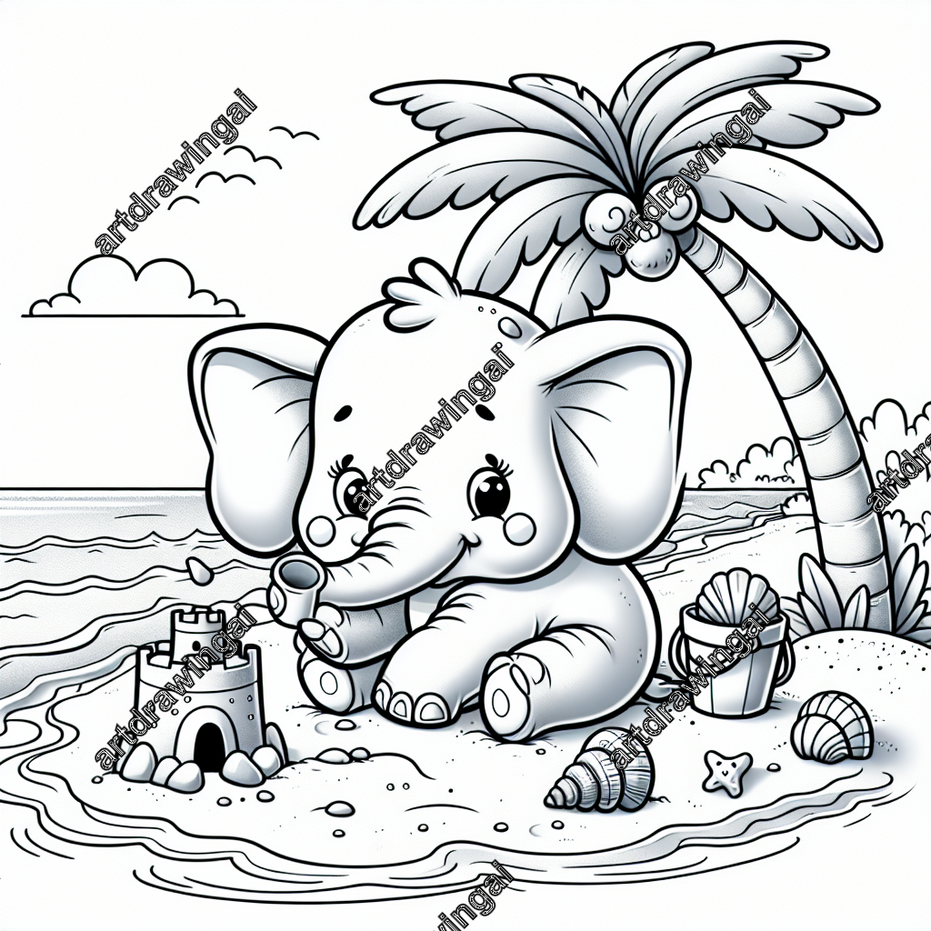 Charming cartoon-style elephant building a sandcastle on a beach with a bucket in its trunk, surrounded by seashells, waves gently lapping nearby, and a palm tree providing shade; ideal line drawing for coloring activities.