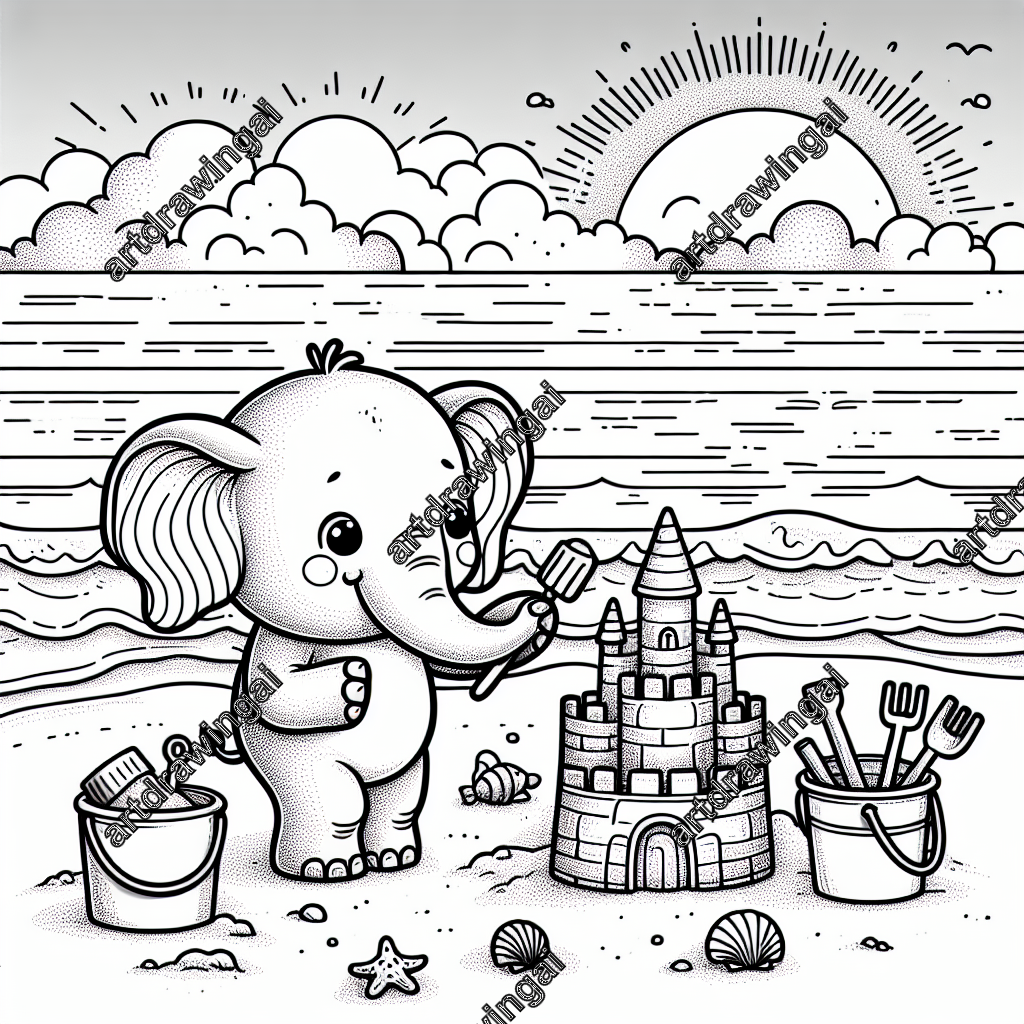 Cartoon elephant building a sandcastle on a beach, surrounded by buckets, spades, and seashells, with gentle waves and a sunset horizon, ideal for coloring activities.