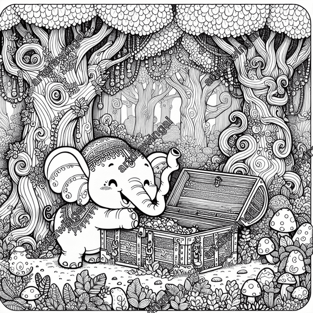 Cartoon-style elephant joyfully exploring a mysterious treasure chest in a whimsical forest filled with twisting trees, detailed bushes, and unique mushrooms, perfect for a children's coloring activity.