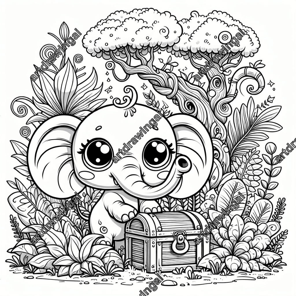 Cartoon-style elephant with large eyes and floppy ears exploring a treasure chest in a vibrant forest filled with whimsical trees and lush plants, designed as a line drawing for coloring.