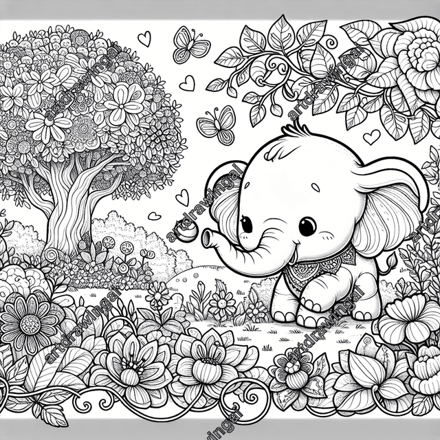 Charming line drawing of a cartoon-style elephant playing with a ball in a magical garden, featuring blooming flowers, intricate trees, and heart-shaped vines, perfect for coloring activities.