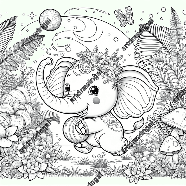 Charming cartoon cute elephant playing with a ball in a magical garden filled with oversized ferns, blooming flowers, mushrooms, and sparkling fireflies. Intricate line art design perfect for coloring books, exuding cheerfulness and a whimsical atmosphere.