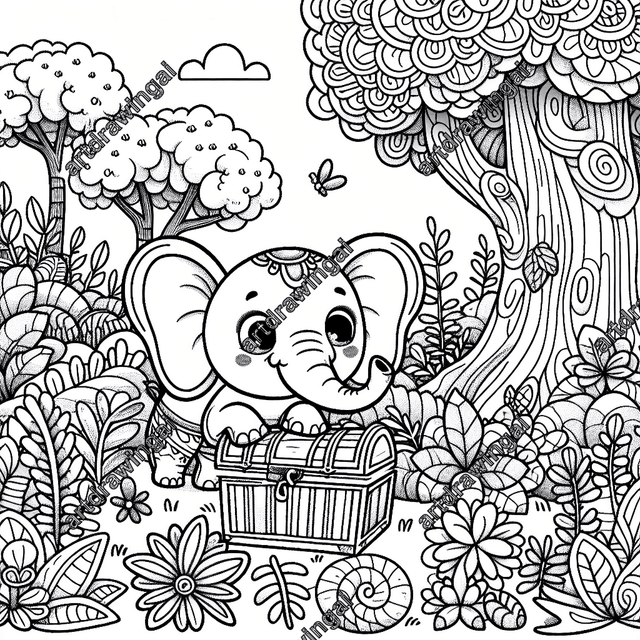 Playful cartoon line drawing of a charming elephant exploring a treasure chest in a whimsical forest filled with imaginative trees, colorful flowers, and exotic plants, perfect for children's coloring activities.