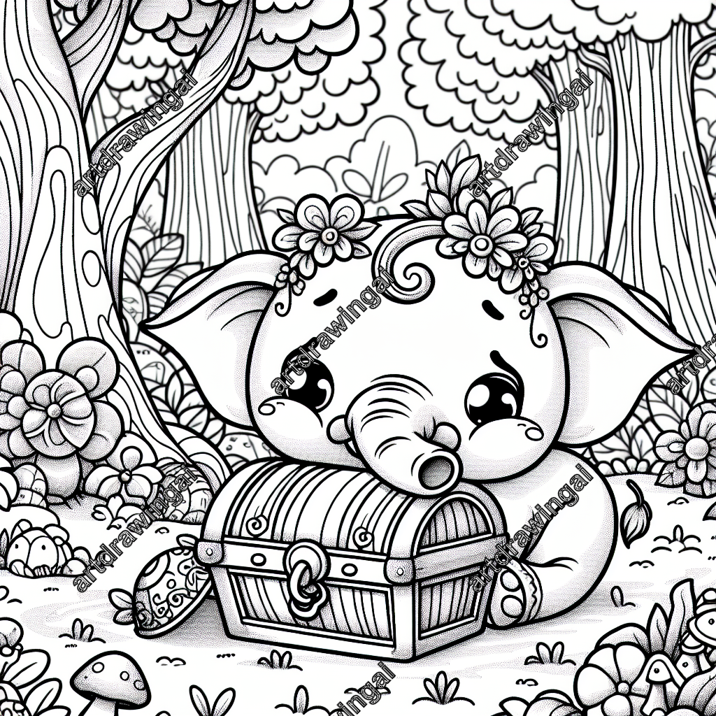 Cartoon-style elephant exploring a whimsical forest, captivated by a treasure chest, surrounded by towering trees, flowers, and mushrooms; perfect for coloring.