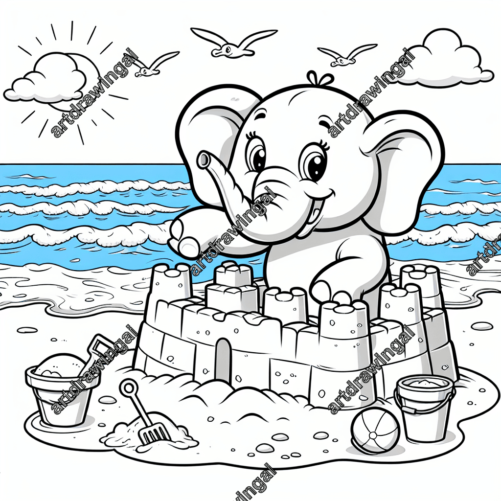 Cartoon-style friendly elephant building a sandcastle on a sunny beach, with sparkling sea waves, blue sky, and seagulls overhead. Includes beach essentials like a bucket, spade, and beach ball, designed for coloring.