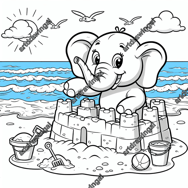 Cartoon-style friendly elephant building a sandcastle on a sunny beach, with sparkling sea waves, blue sky, and seagulls overhead. Includes beach essentials like a bucket, spade, and beach ball, designed for coloring.