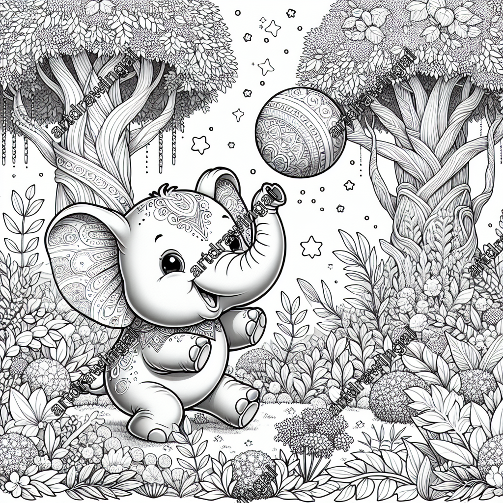 Monochrome cartoon artwork of a cute elephant playing with a ball in a magical garden, featuring mystic trees and detailed flowers, perfect for coloring.