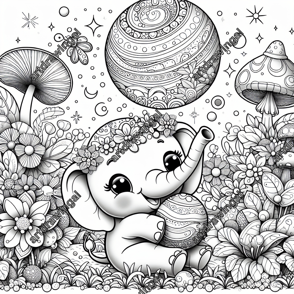 Cartoon-style elephant joyfully playing with a colorful ball in a magical garden filled with exotic flowers, glowing mushrooms, and lush plants, designed for coloring enthusiasts of all ages.