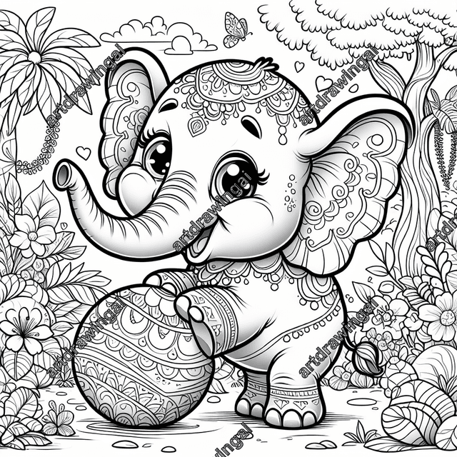 Cartoon-style sketch of a cheerful elephant playing with a ball in a mystical garden, surrounded by exotic plants, towering trees, and vibrant flowers. Features prominent large ears, a long trunk, and a playful expression, ideal for coloring.